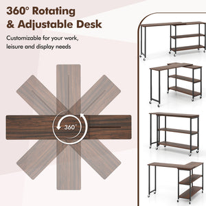 Patented Large 360-Degree Free Rotating Sofa Side Table with Wheels and Storage Shelf-Walnut