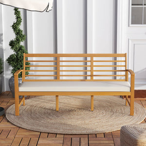 Patio 64 Inch Wood Bench with Seat Cushion and Slatted Seat for Backyard-Off White