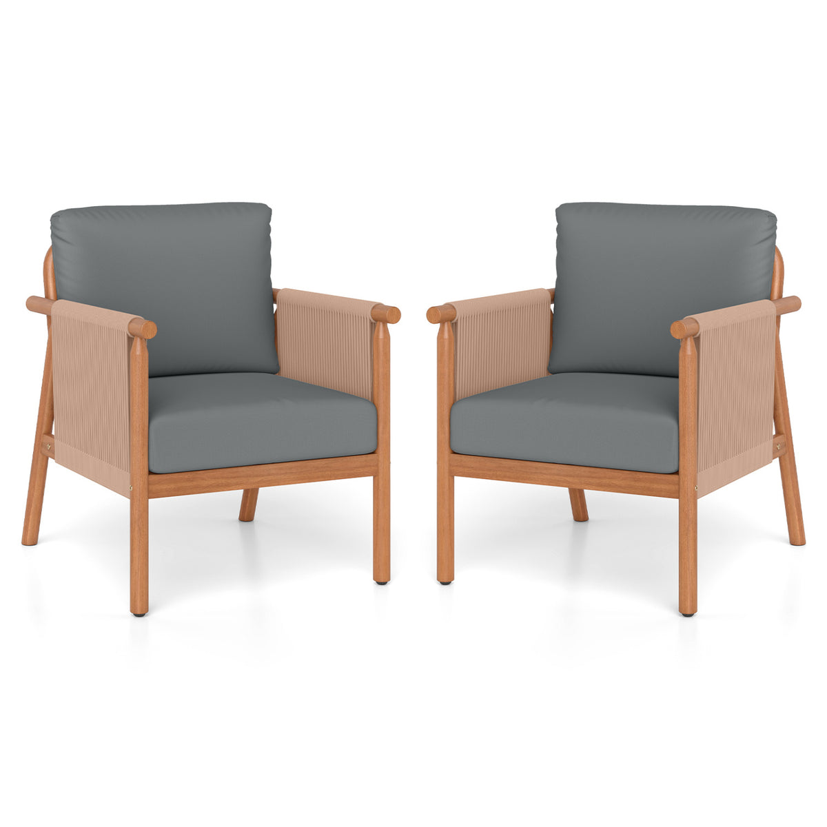 Patio Acacia Wood Chair Set of 2 with Woven Rope Armrests and Seat Back Cushions for Backyard-Gray