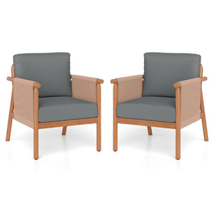 Patio Acacia Wood Chair Set of 2 with Woven Rope Armrests and Seat Back Cushions for Backyard-Gray