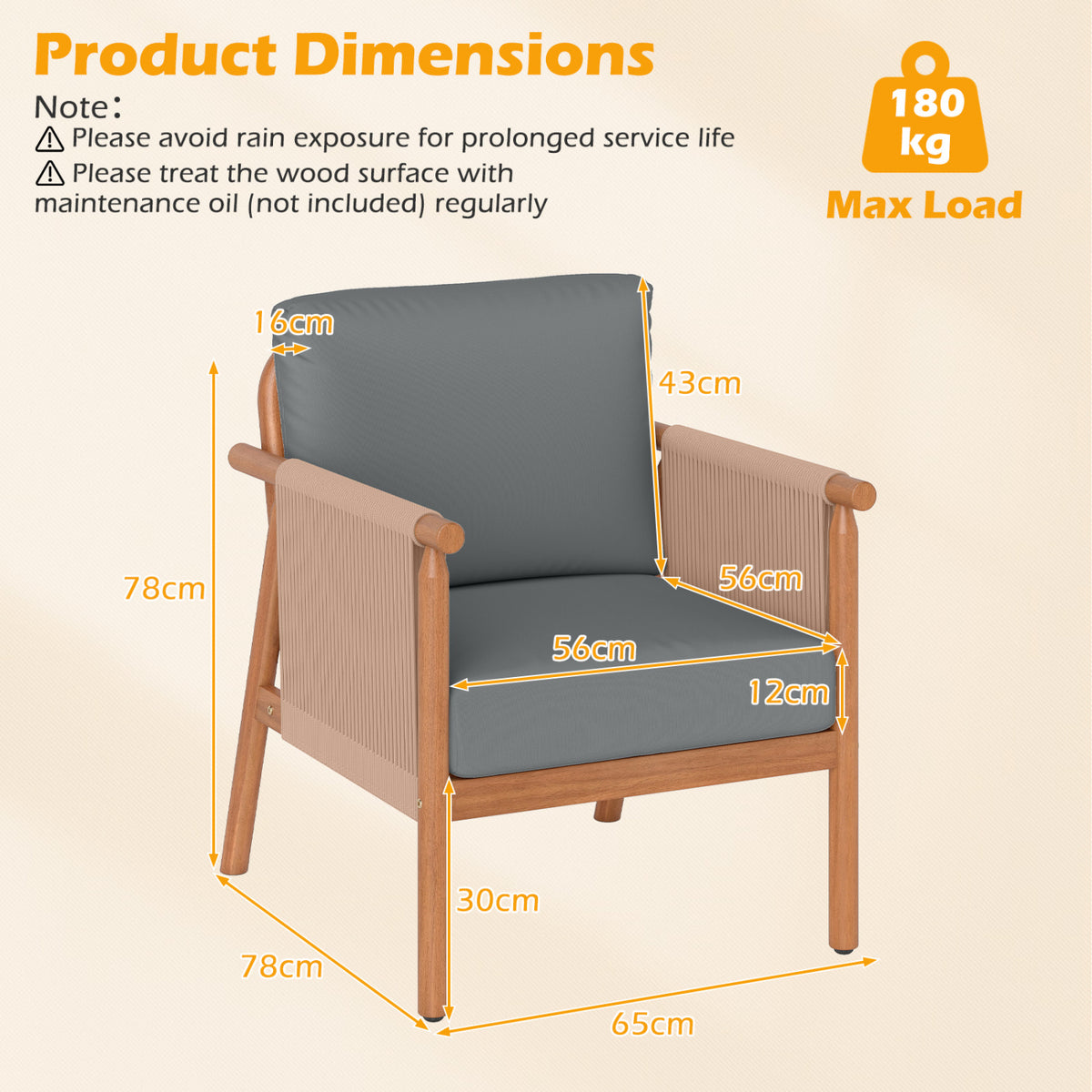 Patio Acacia Wood Chair Set of 2 with Woven Rope Armrests and Seat Back Cushions for Backyard-Gray