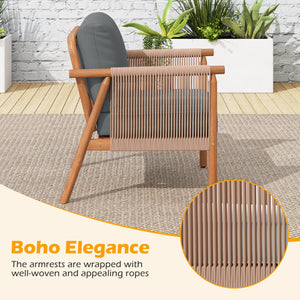 Patio Acacia Wood Chair Set of 2 with Woven Rope Armrests and Seat Back Cushions for Backyard-Gray