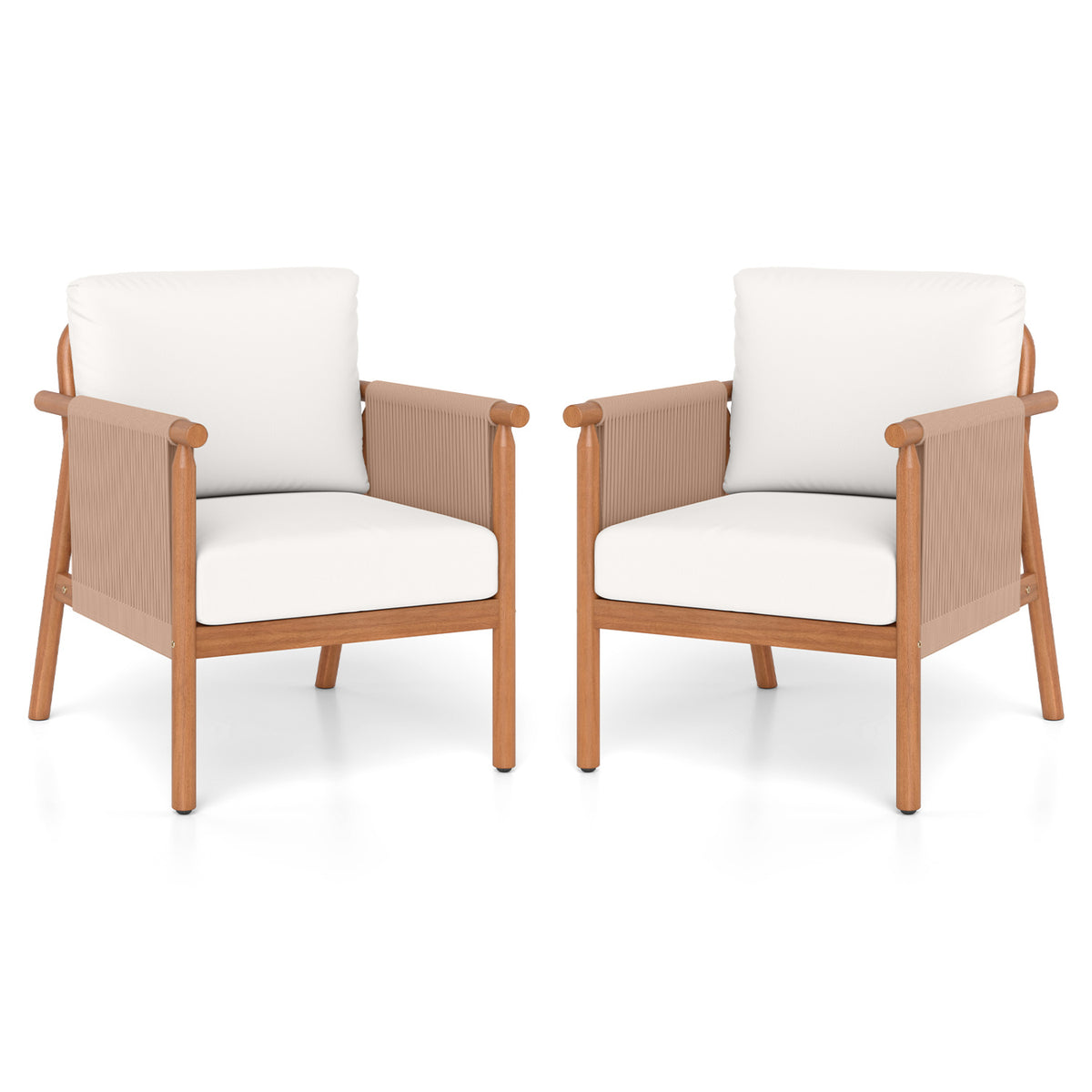 Patio Acacia Wood Chair Set of 2 with Woven Rope Armrests and Seat Back Cushions for Backyard-White