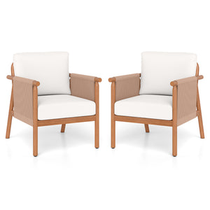 Patio Acacia Wood Chair Set of 2 with Woven Rope Armrests and Seat Back Cushions for Backyard-White
