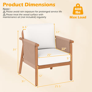 Patio Acacia Wood Chair Set of 2 with Woven Rope Armrests and Seat Back Cushions for Backyard-White