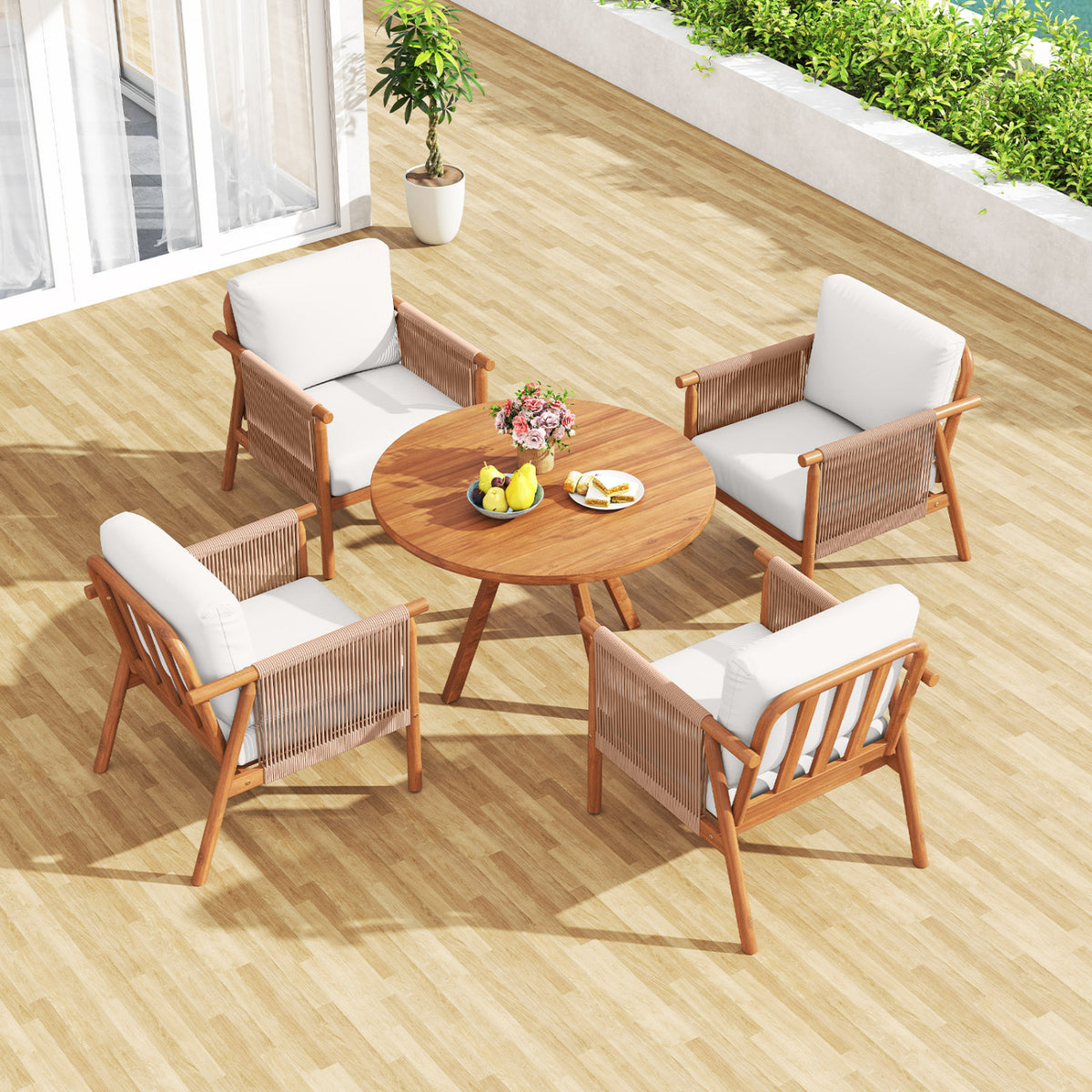 Patio Acacia Wood Chair Set of 2 with Woven Rope Armrests and Seat Back Cushions for Backyard-White