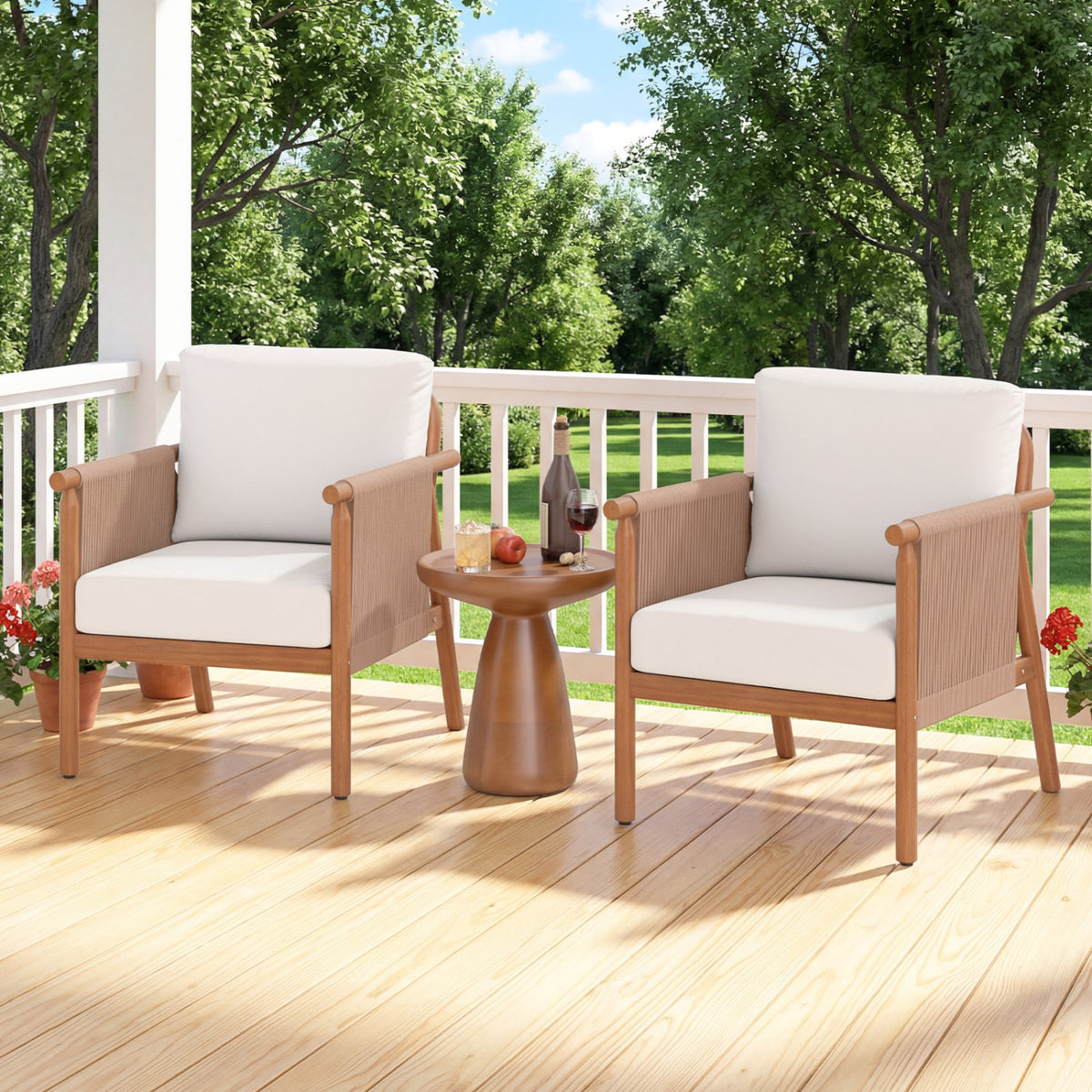 Patio Acacia Wood Chair Set of 4 with Woven Rope Armrests and Seat Back Cushions for Backyard-White
