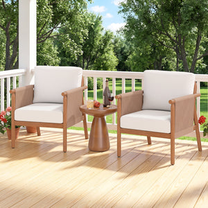 Patio Acacia Wood Chair Set of 4 with Woven Rope Armrests and Seat Back Cushions for Backyard-White