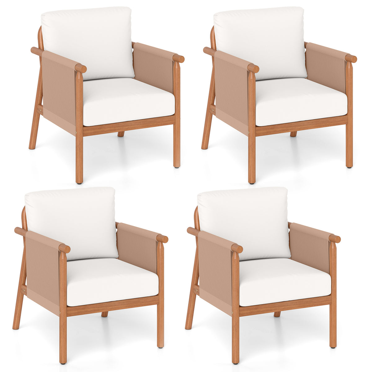 Patio Acacia Wood Chair Set of 4 with Woven Rope Armrests and Seat Back Cushions for Backyard-White
