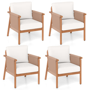 Patio Acacia Wood Chair Set of 4 with Woven Rope Armrests and Seat Back Cushions for Backyard-White