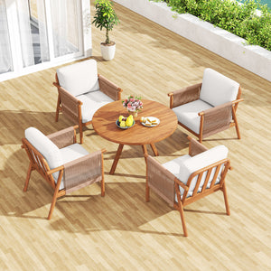 Patio Acacia Wood Chair Set of 4 with Woven Rope Armrests and Seat Back Cushions for Backyard-White