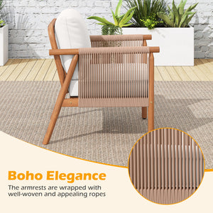 Patio Acacia Wood Chair Set of 4 with Woven Rope Armrests and Seat Back Cushions for Backyard-White
