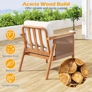 Patio Acacia Wood Chair Set of 4 with Woven Rope Armrests and Seat Back Cushions for Backyard-White