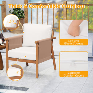 Patio Acacia Wood Chair Set of 4 with Woven Rope Armrests and Seat Back Cushions for Backyard-White