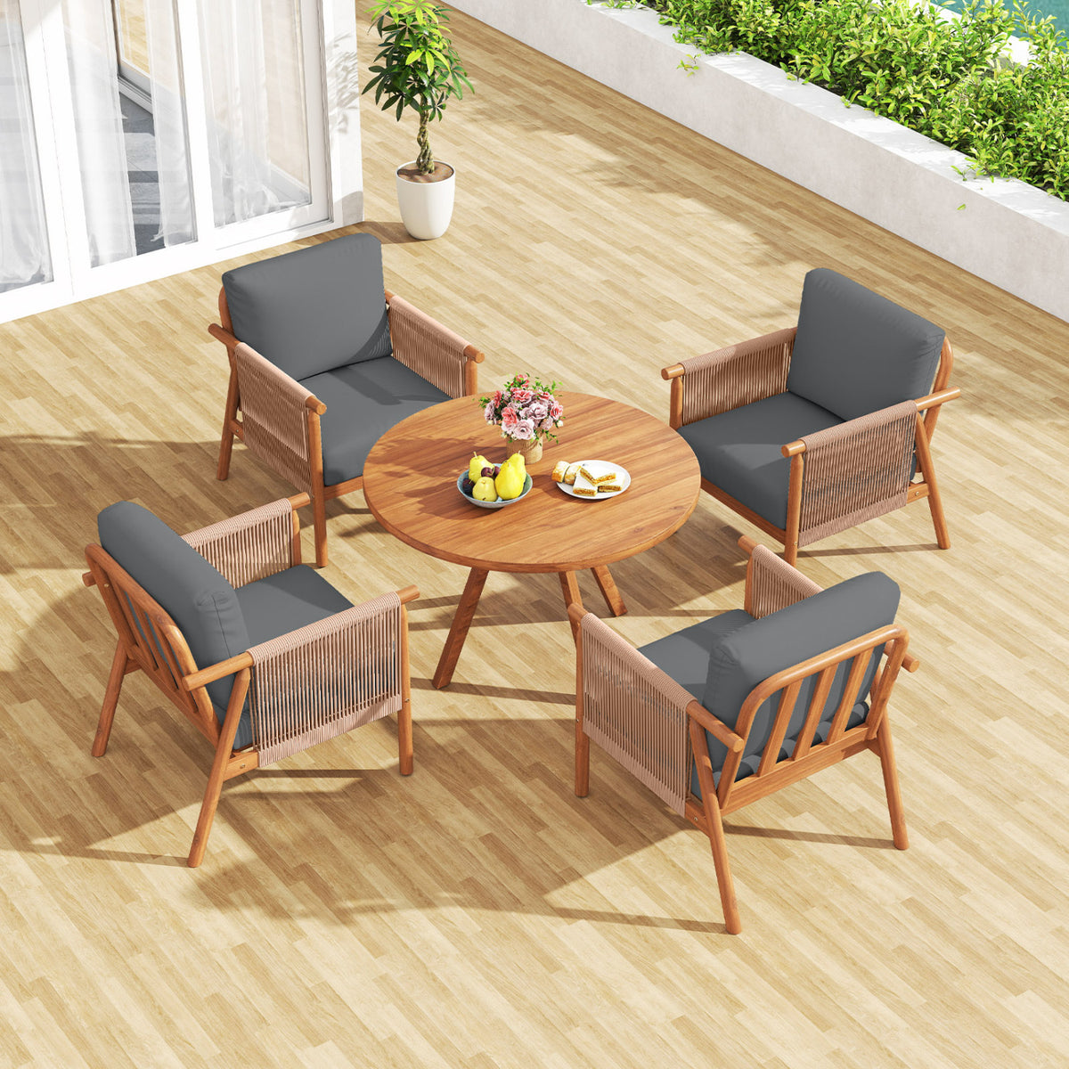 Patio Acacia Wood Chair Set of 4 with Woven Rope Armrests and Seat Back Cushions for Backyard-Gray