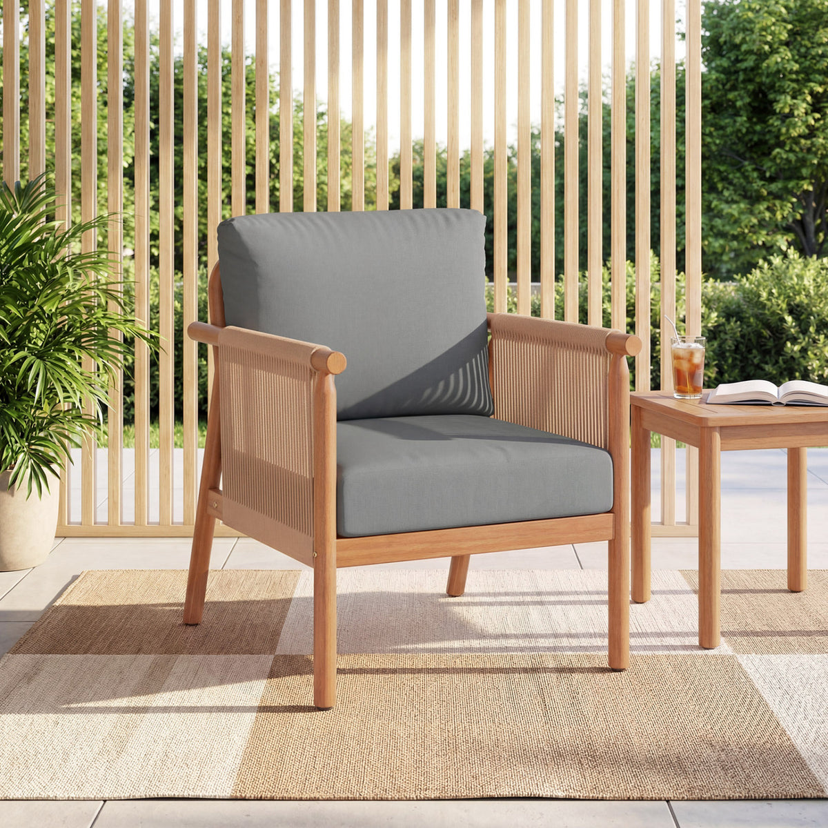 Patio Acacia Wood Chair Set of 4 with Woven Rope Armrests and Seat Back Cushions for Backyard-Gray