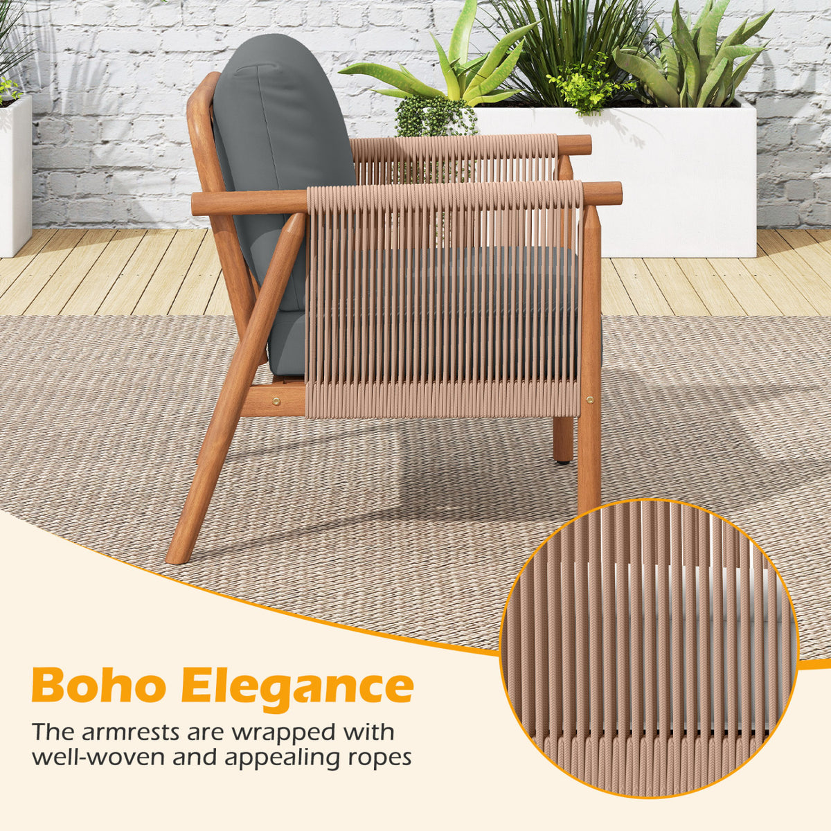 Patio Acacia Wood Chair Set of 4 with Woven Rope Armrests and Seat Back Cushions for Backyard-Gray