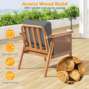 Patio Acacia Wood Chair Set of 4 with Woven Rope Armrests and Seat Back Cushions for Backyard-Gray