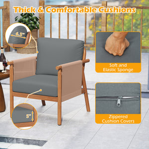Patio Acacia Wood Chair Set of 4 with Woven Rope Armrests and Seat Back Cushions for Backyard-Gray
