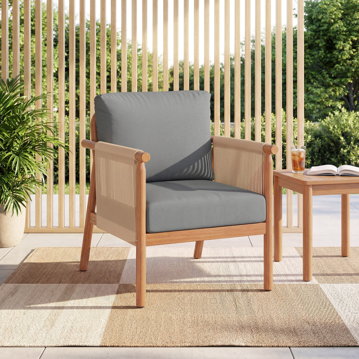 Patio Acacia Wood Chair with Woven Rope Armrests and Seat Back Cushions for Backyard-Gray