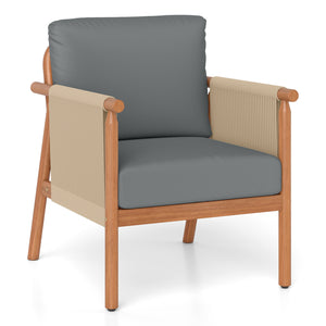 Patio Acacia Wood Chair with Woven Rope Armrests and Seat Back Cushions for Backyard-Gray