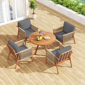 Patio Acacia Wood Chair with Woven Rope Armrests and Seat Back Cushions for Backyard-Gray
