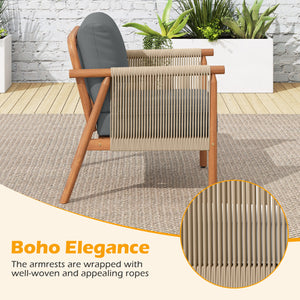 Patio Acacia Wood Chair with Woven Rope Armrests and Seat Back Cushions for Backyard-Gray