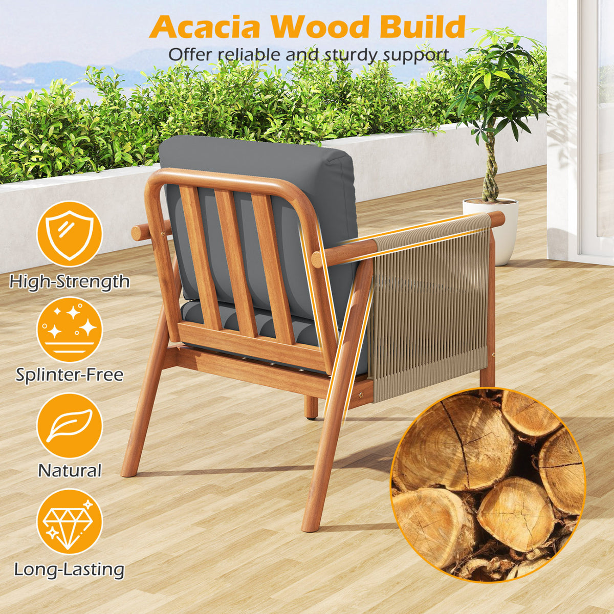 Patio Acacia Wood Chair with Woven Rope Armrests and Seat Back Cushions for Backyard-Gray