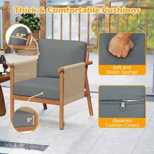 Patio Acacia Wood Chair with Woven Rope Armrests and Seat Back Cushions for Backyard-Gray