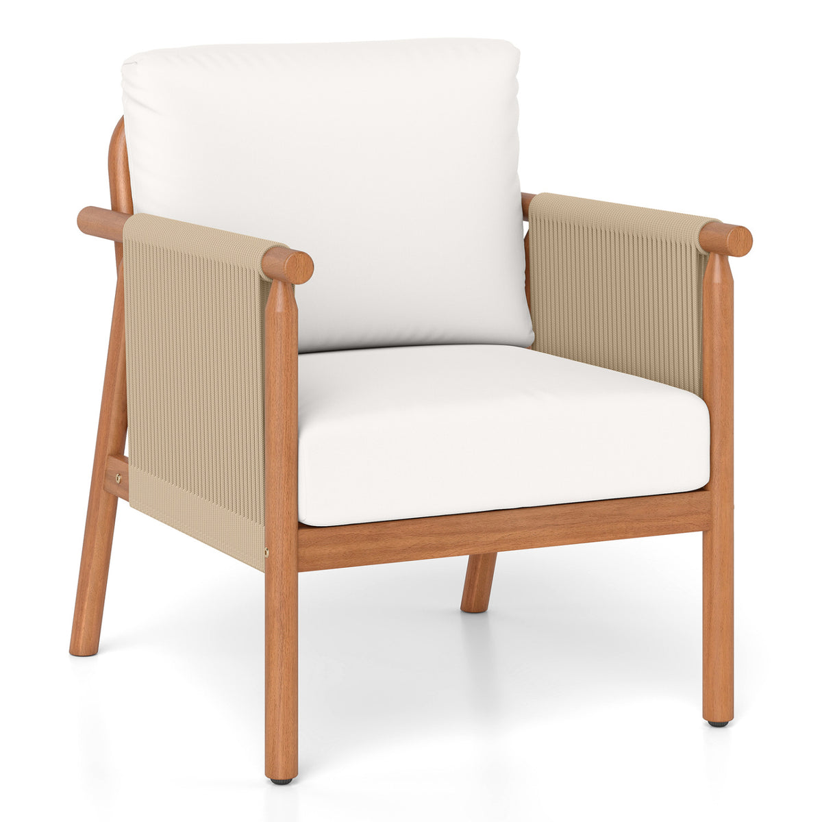 Patio Acacia Wood Chair with Woven Rope Armrests and Seat Back Cushions for Backyard-White