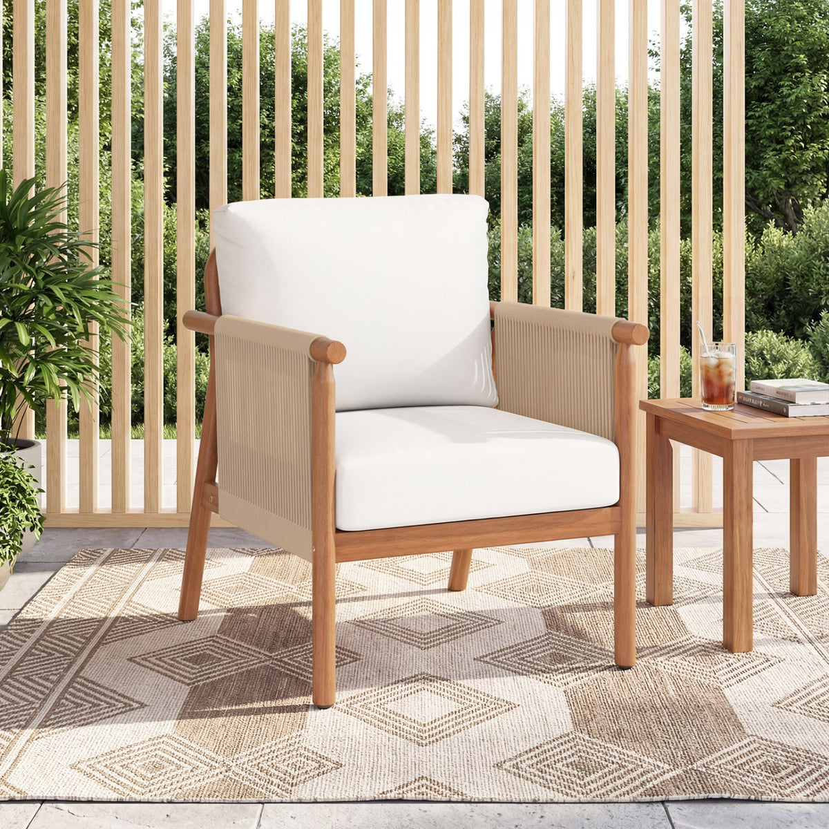 Patio Acacia Wood Chair with Woven Rope Armrests and Seat Back Cushions for Backyard-White