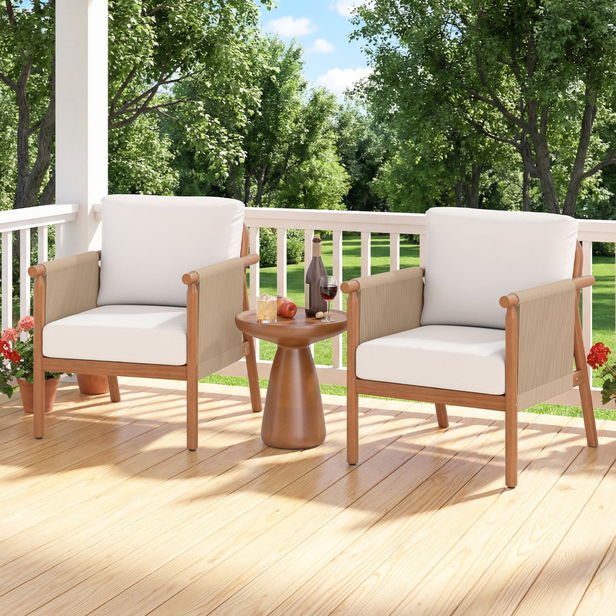 Patio Acacia Wood Chair with Woven Rope Armrests and Seat Back Cushions for Backyard-White