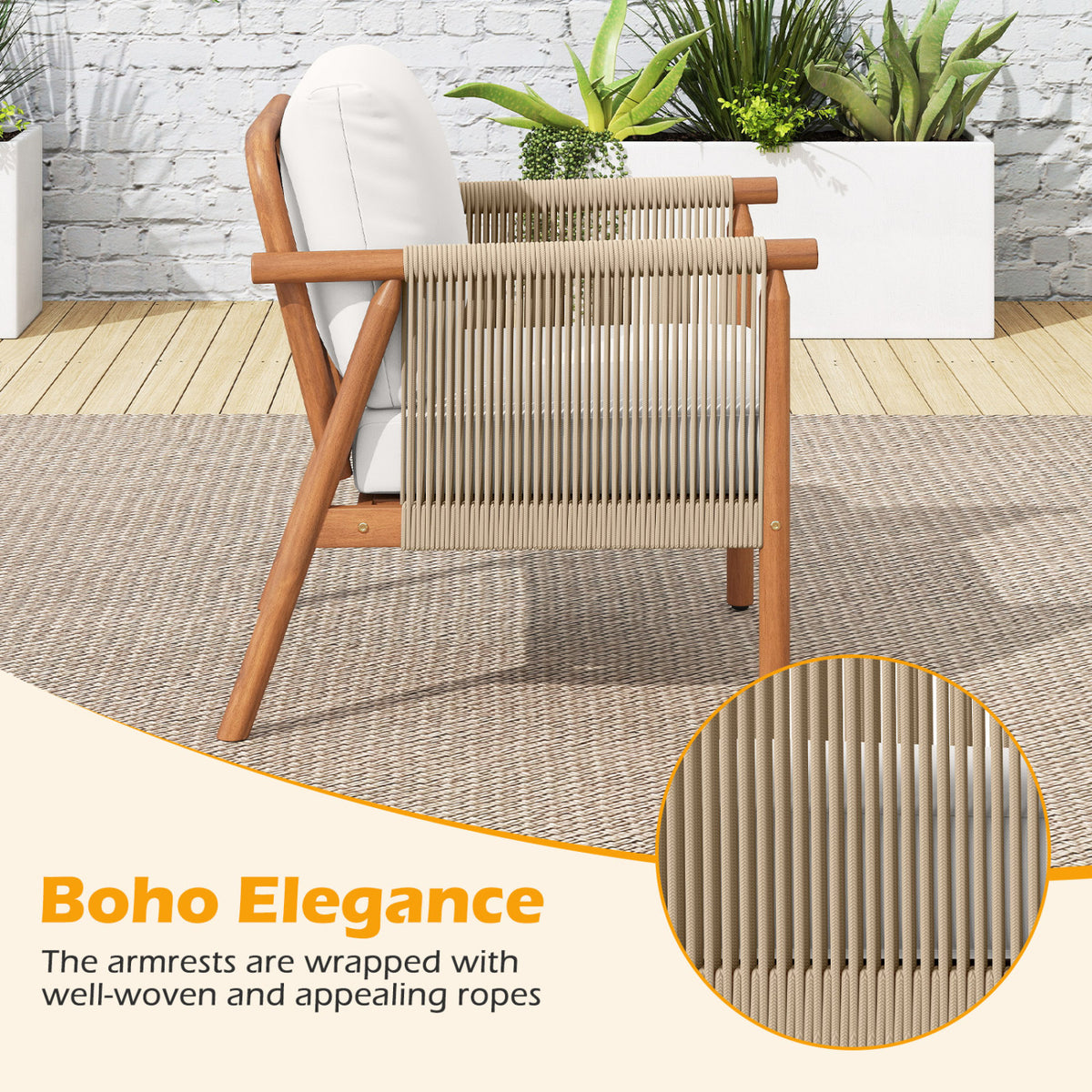 Patio Acacia Wood Chair with Woven Rope Armrests and Seat Back Cushions for Backyard-White