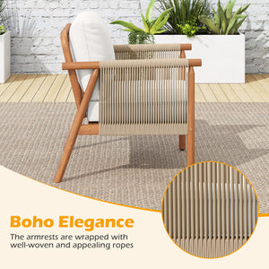 Patio Acacia Wood Chair with Woven Rope Armrests and Seat Back Cushions for Backyard-White