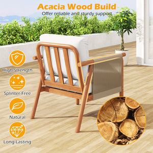 Patio Acacia Wood Chair with Woven Rope Armrests and Seat Back Cushions for Backyard-White