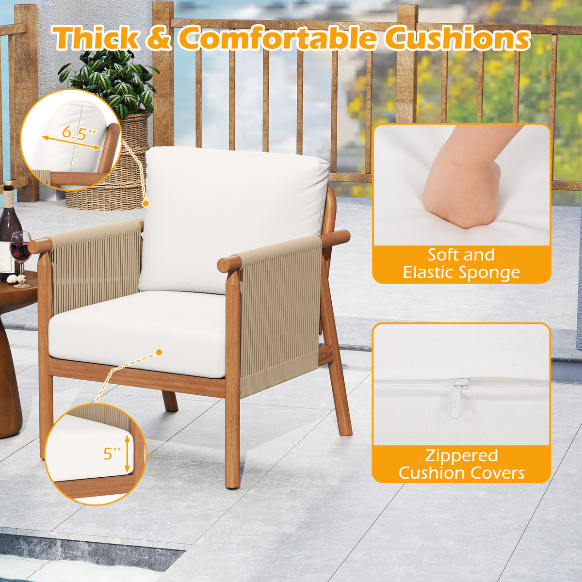Patio Acacia Wood Chair with Woven Rope Armrests and Seat Back Cushions for Backyard-White