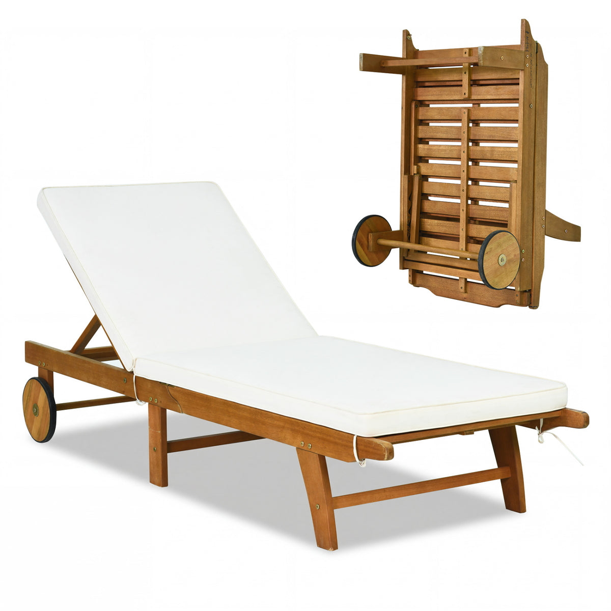 Patio Folding Eucalyptus Wood Chaise Lounge with 5-Level Adjustable Backrest