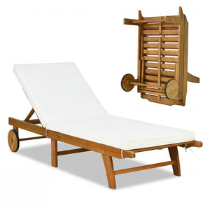 Patio Folding Eucalyptus Wood Chaise Lounge with 5-Level Adjustable Backrest