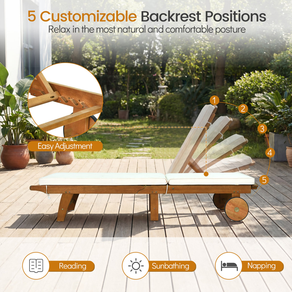 Patio Folding Eucalyptus Wood Chaise Lounge with 5-Level Adjustable Backrest