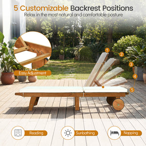 Patio Folding Eucalyptus Wood Chaise Lounge with 5-Level Adjustable Backrest