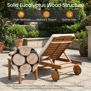 Patio Folding Eucalyptus Wood Chaise Lounge with 5-Level Adjustable Backrest
