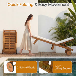 Patio Folding Eucalyptus Wood Chaise Lounge with 5-Level Adjustable Backrest