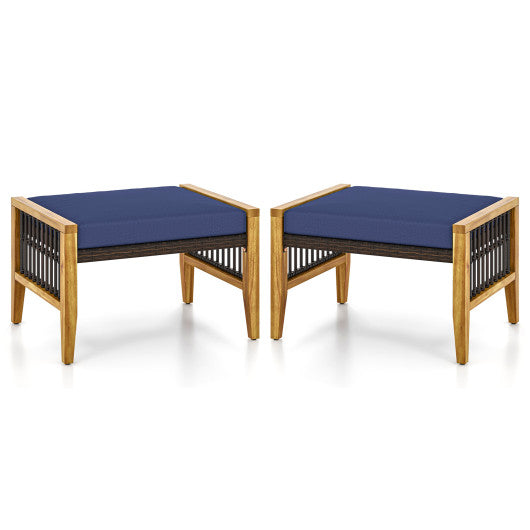 Patio Acacia Wood Ottomans with Cushions and Versatile Rattan Woven Footstools-Navy