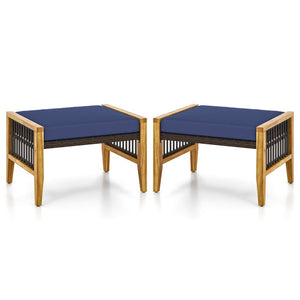 Patio Acacia Wood Ottomans with Cushions and Versatile Rattan Woven Footstools-Navy