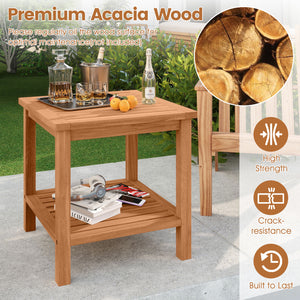 Patio Acacia Wood Side Table Set of 2 with Slatted Tabletop and Storage Shelf