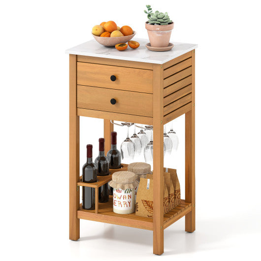 Patio Acacia Wood Storage Cabinet Patio Buffet Cabinet Bar Table with Faux Marble Countertop