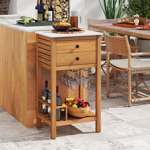 Patio Acacia Wood Storage Cabinet Patio Buffet Cabinet Bar Table with Faux Marble Countertop