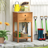 Patio Acacia Wood Storage Cabinet Patio Buffet Cabinet Bar Table with Faux Marble Countertop