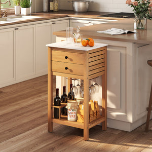 Patio Acacia Wood Storage Cabinet Patio Buffet Cabinet Bar Table with Faux Marble Countertop