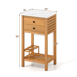 Patio Acacia Wood Storage Cabinet Patio Buffet Cabinet Bar Table with Faux Marble Countertop